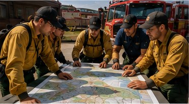 Incident command reviewing maps and technology in the field